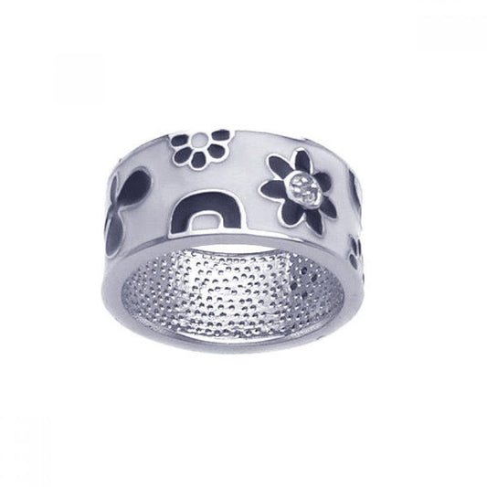 Sterling Silver 925 Rhodium Plated White & Black Enamel Flower Ring Sizes 5-9