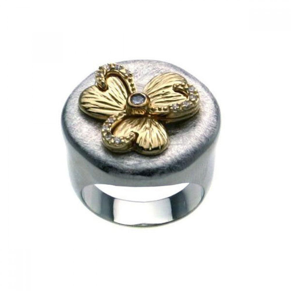 Sterling Silver 925 Rhodium & Gold Plated 2 Toned CZ Flower Ring Band Sizes 5-9