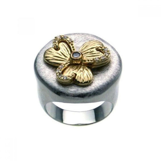 Sterling Silver 925 Rhodium & Gold Plated 2 Toned CZ Flower Ring Band Sizes 5-9