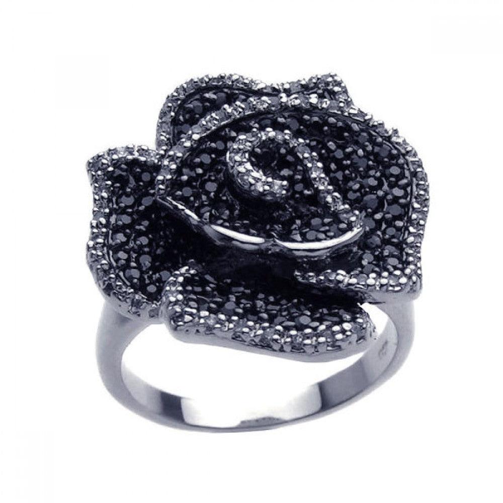 Sterling Silver 925 Black Rhodium Plated Black Clear CZ Flower Ring Sizes 5-9