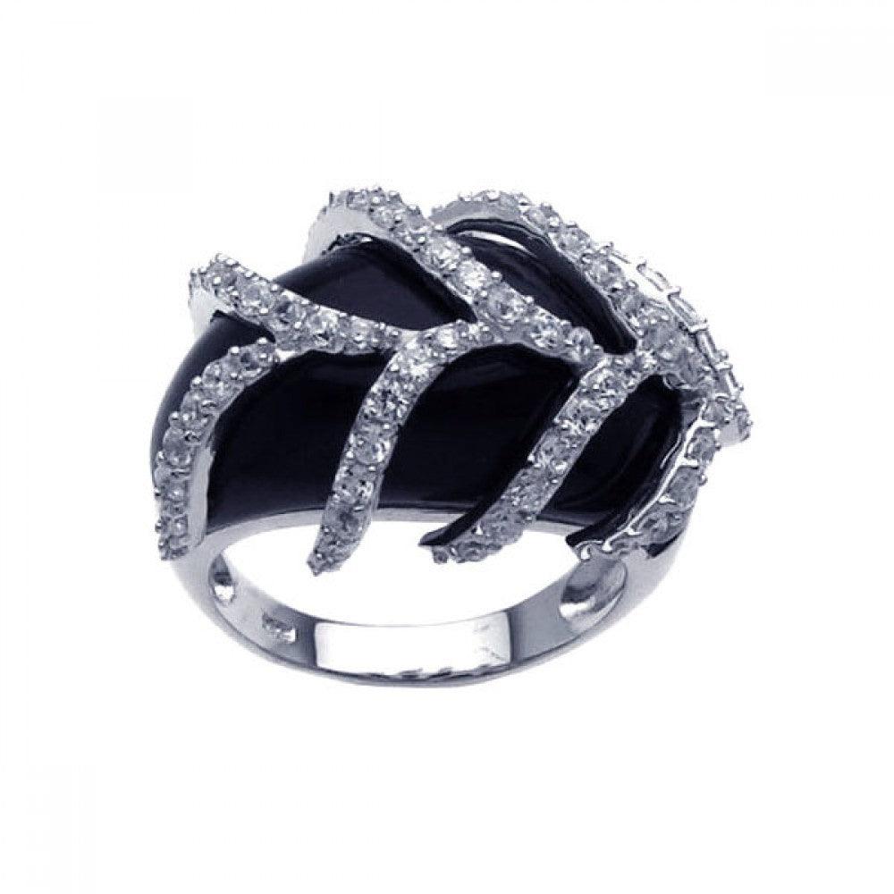 Sterling Silver 925 Rhodium Plated Black Onyx Clear CZ Leaf Ring Sizes 5-8