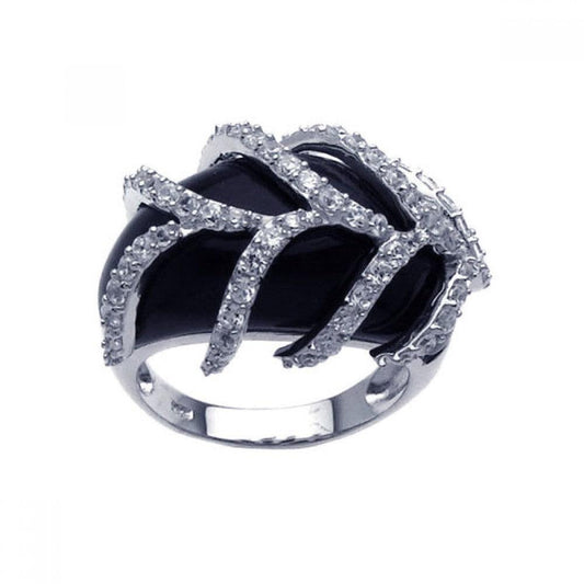 Sterling Silver 925 Rhodium Plated Black Onyx Clear CZ Leaf Ring Sizes 5-8