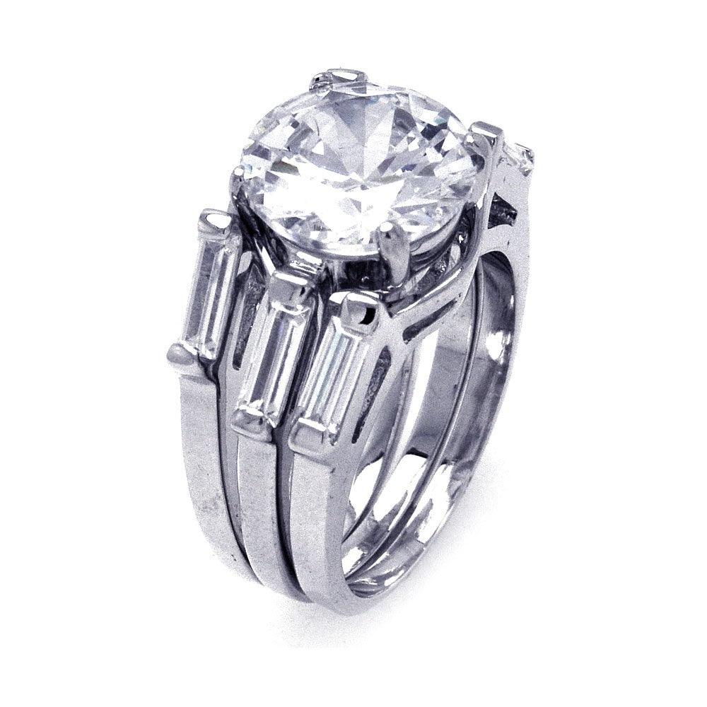 Sterling Silver 925 Rhodium Plated Single Round CZ 3 Row Bridal Ring Sizes 5-9