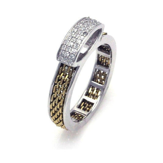 Sterling Silver 925 Rhodium Gold Plated 2 Toned Clear CZ Chain Ring Sizes 5-9