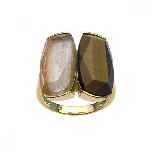 Sterling Silver 925 Gold Plated Tiger Eyes Sandstone Ring Band Sizes 5-9