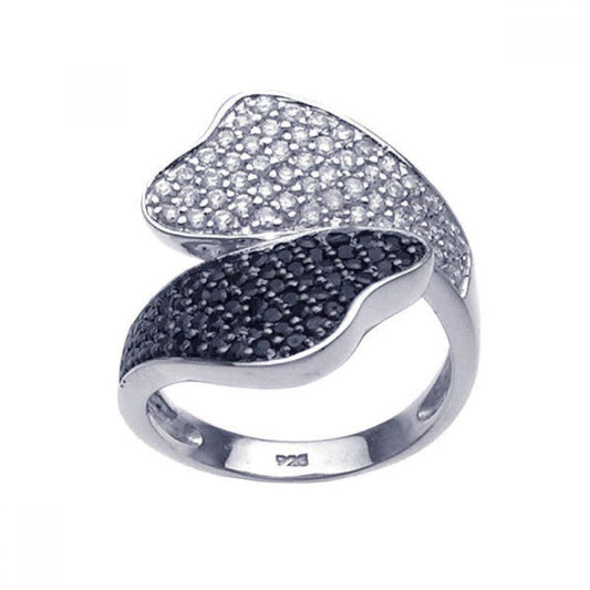 Sterling Silver 925 Black Rhodium Plated Black Clear Pave CZ Leaf Ring Sizes 5-9