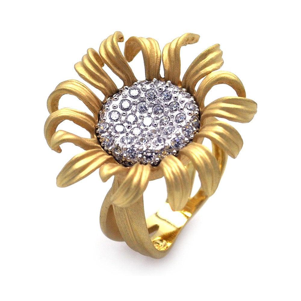 Sterling Silver 925 Rhodium Gold Plated Pave Clear CZ Sunflower Ring Sizes 5-9