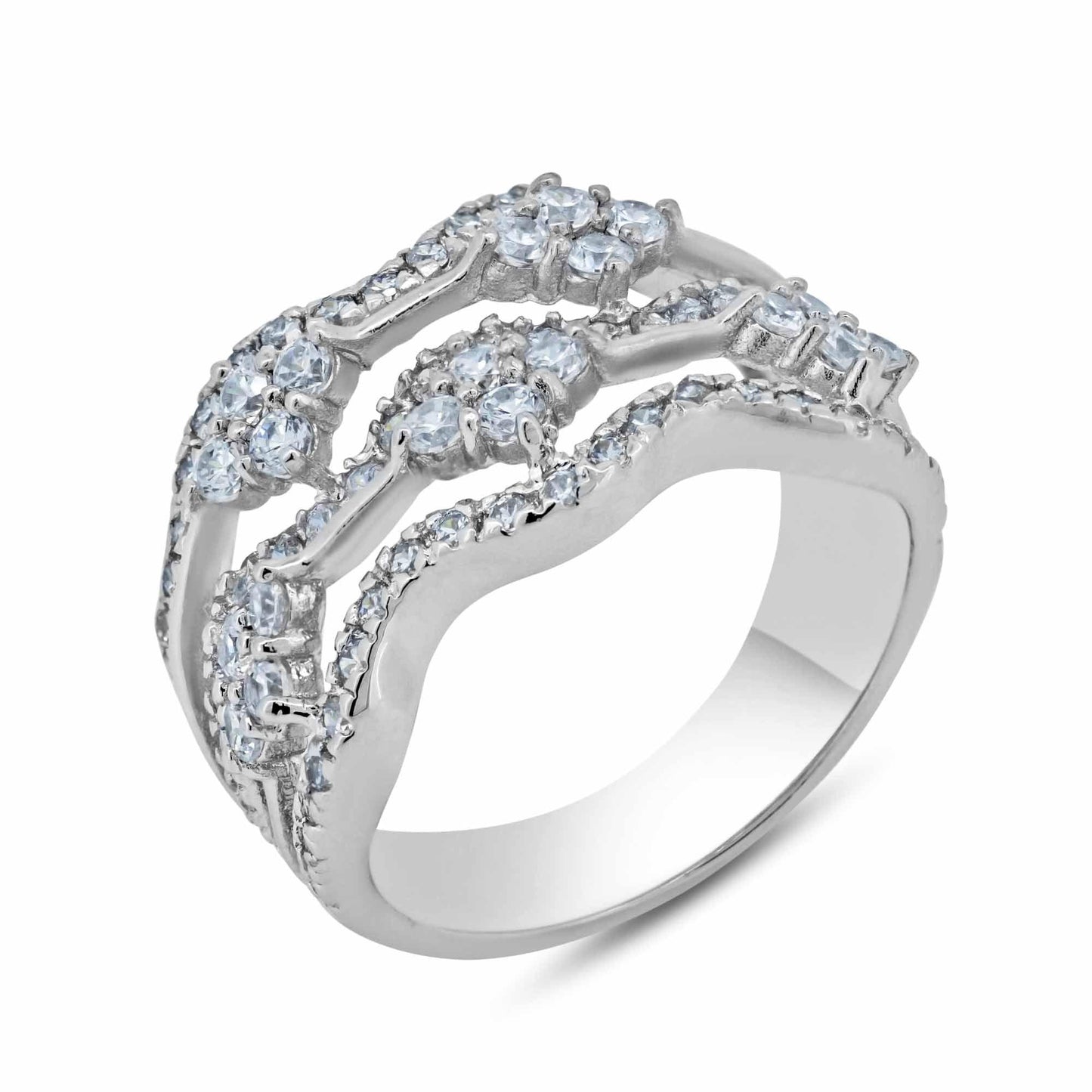 Sterling Silver 925 Rhodium Plated Clear CZ Wave Cocktail Ring Sizes 5-9