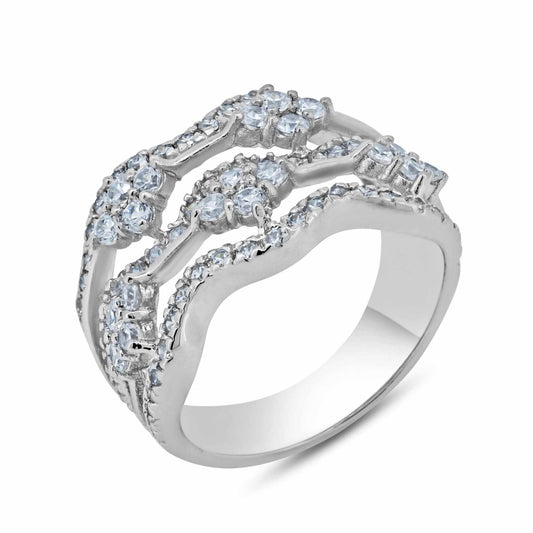 Sterling Silver 925 Rhodium Plated Clear CZ Wave Cocktail Ring Sizes 5-9