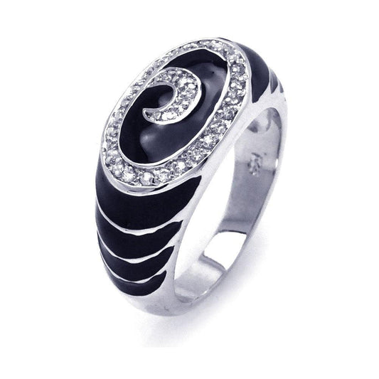 Sterling Silver 925 Rhodium Plated Black Enamel Clear CZ Swirl Ring Sizes 5-9