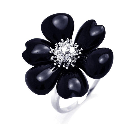 Sterling Silver 925 Rhodium Plated Black Onyx Clear CZ Flower Ring Sizes 5-9