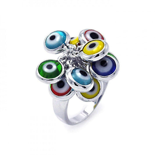 Sterling Silver 925 Rhodium Plated Multi Colored Hanging Evil Eye Ring Sizes 5-9
