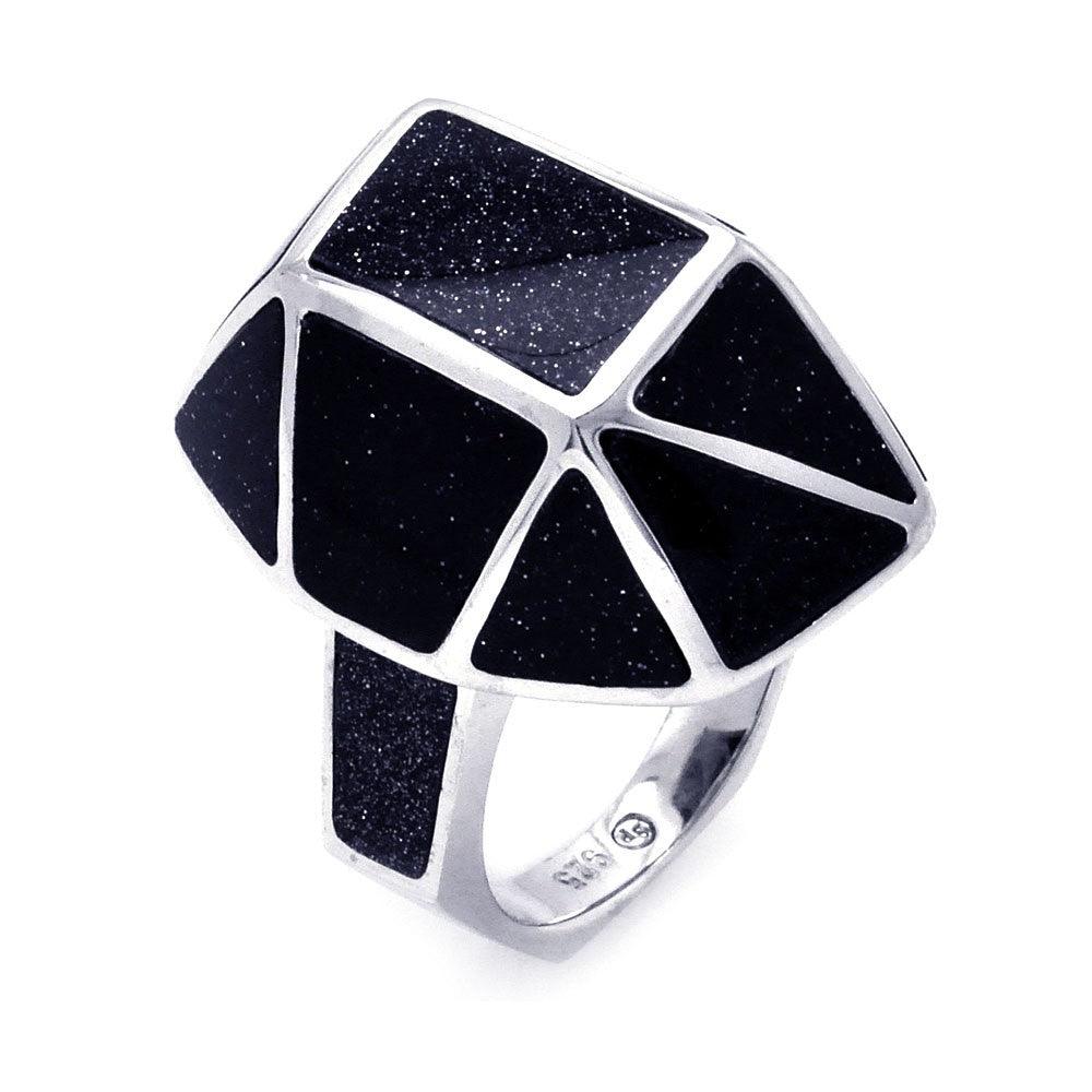 Sterling Silver 925 Rhodium Plated Black Quartz Geometric Ring Sizes 5-9
