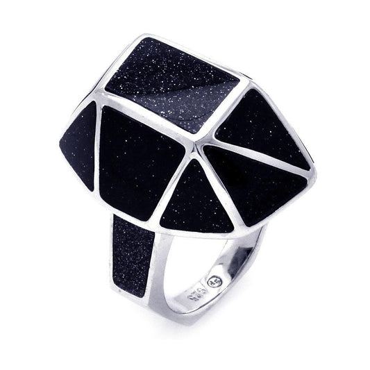 Sterling Silver 925 Rhodium Plated Black Quartz Geometric Ring Sizes 5-9