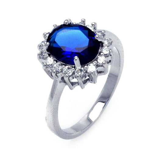 Sterling Silver 925 Rhodium Plated Oval Blue Clear CZ Flower Ring Band Sizes 5-9