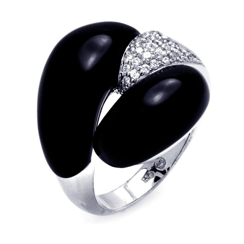 Sterling Silver 925 Rhodium Plated Black Onyx Clear CZ Round Curl Ring Sizes 5-8