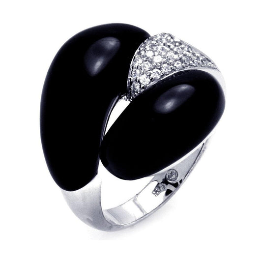 Sterling Silver 925 Rhodium Plated Black Onyx Clear CZ Round Curl Ring Sizes 5-8