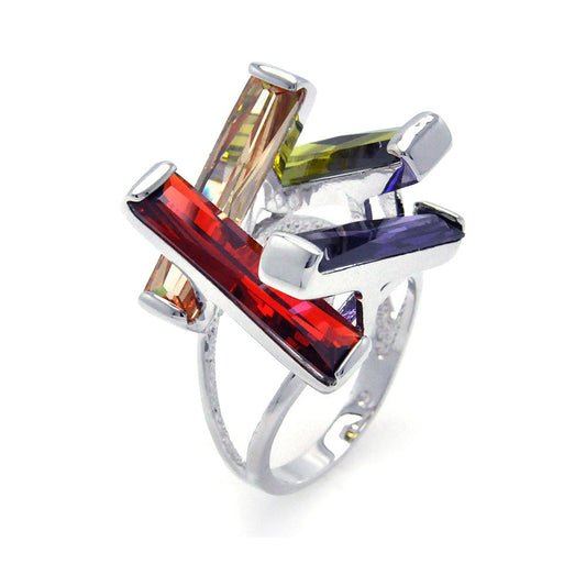 Sterling Silver 925 Rhodium Plated Multi Colored CZ Abstract Bar Ring Sizes 5-9