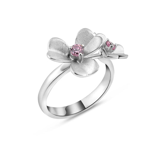 Sterling Silver 925 Rhodium Plated Pink CZ Double Flower Ring Band Sizes 5-9