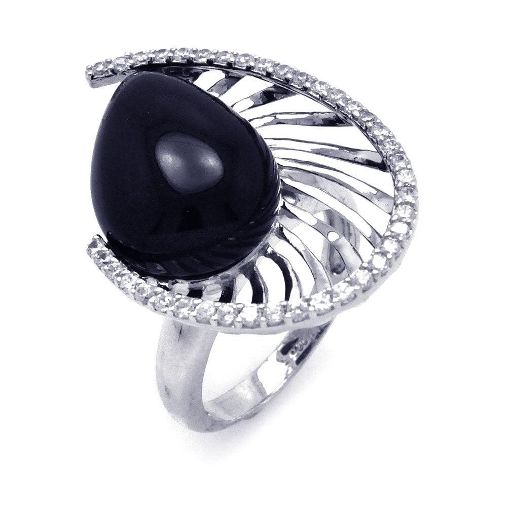 Sterling Silver 925 Rhodium Plated Black Onyx Clear CZ Spiral Ring Sizes 5-9