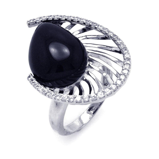 Sterling Silver 925 Rhodium Plated Black Onyx Clear CZ Spiral Ring Sizes 5-9