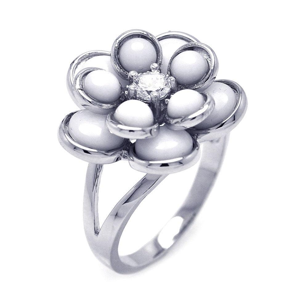 Sterling Silver 925 Rhodium Plated Clear CZ Flower White Enamel Ring Sizes 5-9