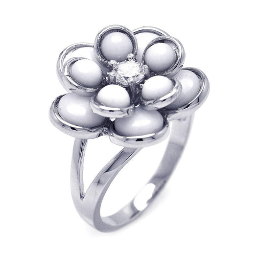 Sterling Silver 925 Rhodium Plated Clear CZ Flower White Enamel Ring Sizes 5-9