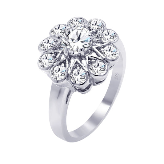 Sterling Silver 925 Rhodium Plated Round Center Clear CZ Flower Ring Sizes 5-9
