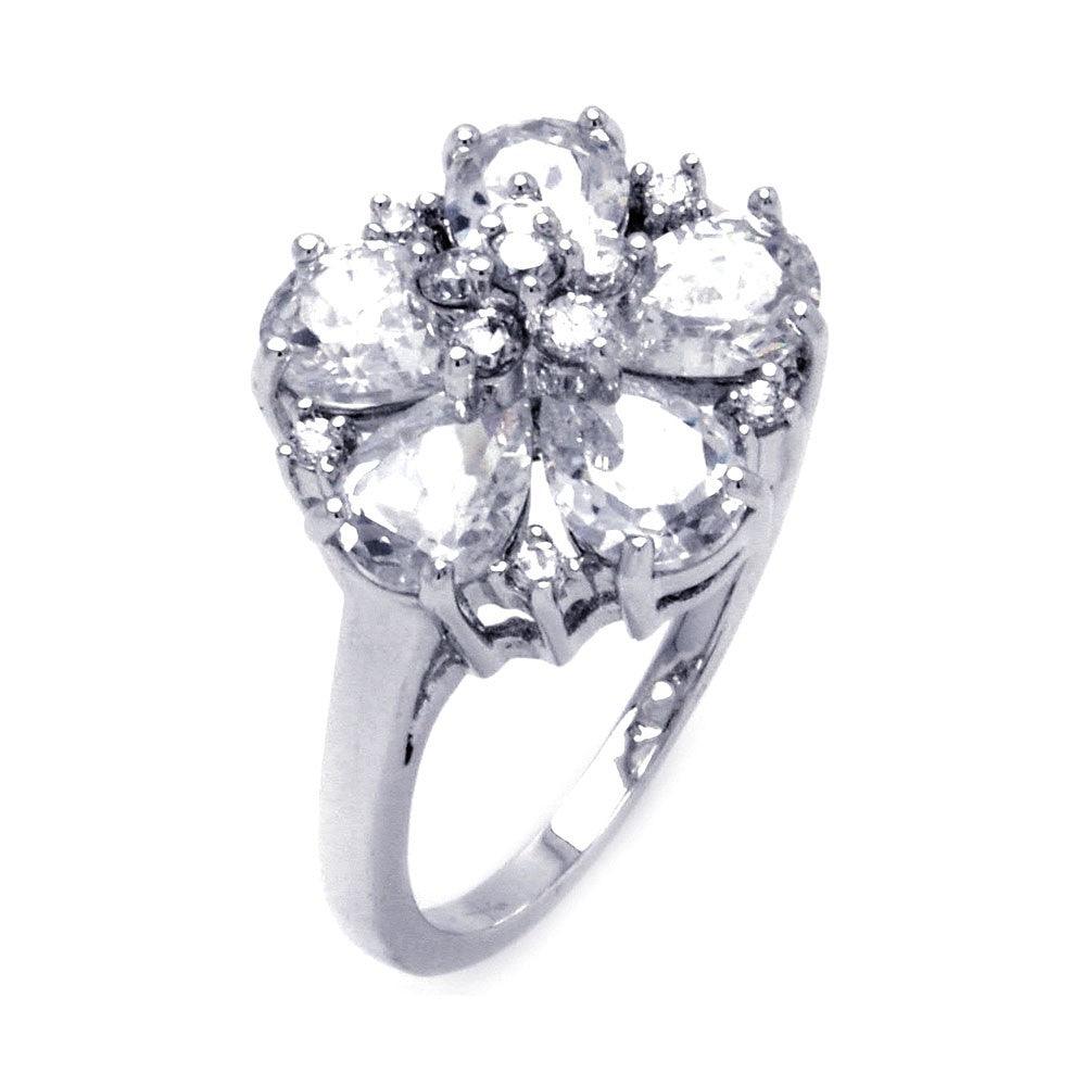 Sterling Silver 925 Rhodium Plated Clear Teardrop Round CZ Flower Ring Sizes 5-9