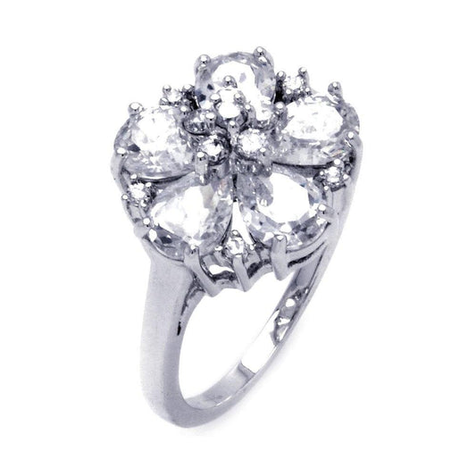 Sterling Silver 925 Rhodium Plated Clear Teardrop Round CZ Flower Ring Sizes 5-9