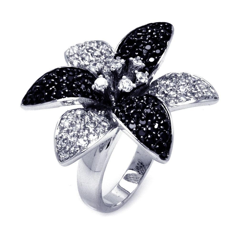 Sterling Silver 925 Black Rhodium Plated Black Clear CZ Flower Ring Sizes 5-9