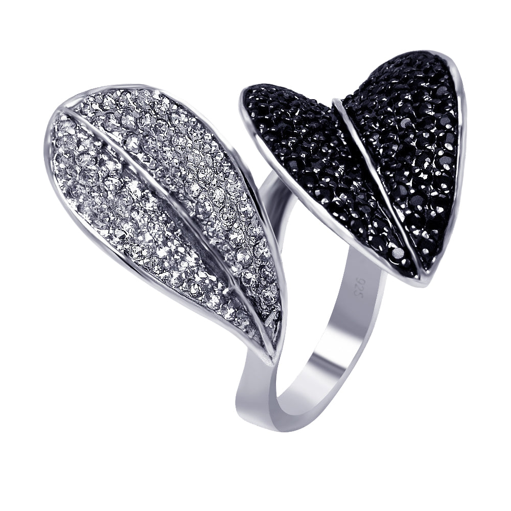 Sterling Silver 925 Black Rhodium Plated Black Clear CZ Leaf Ring Sizes 5-9