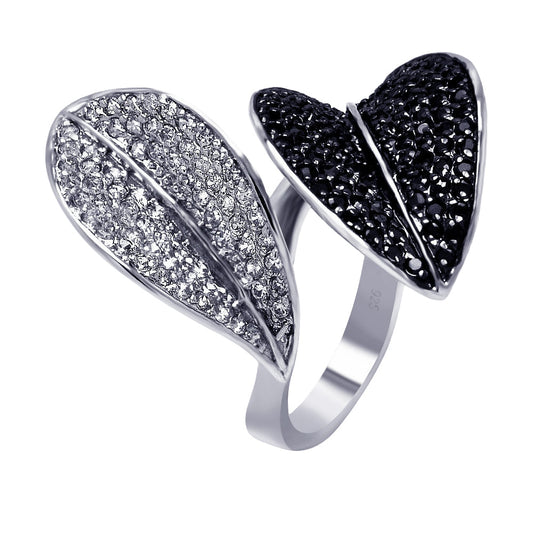 Sterling Silver 925 Black Rhodium Plated Black Clear CZ Leaf Ring Sizes 5-9