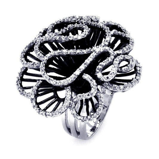 Sterling Silver 925 Black Rhodium Plated Clear CZ Coral Flower Ring Sizes 5-9