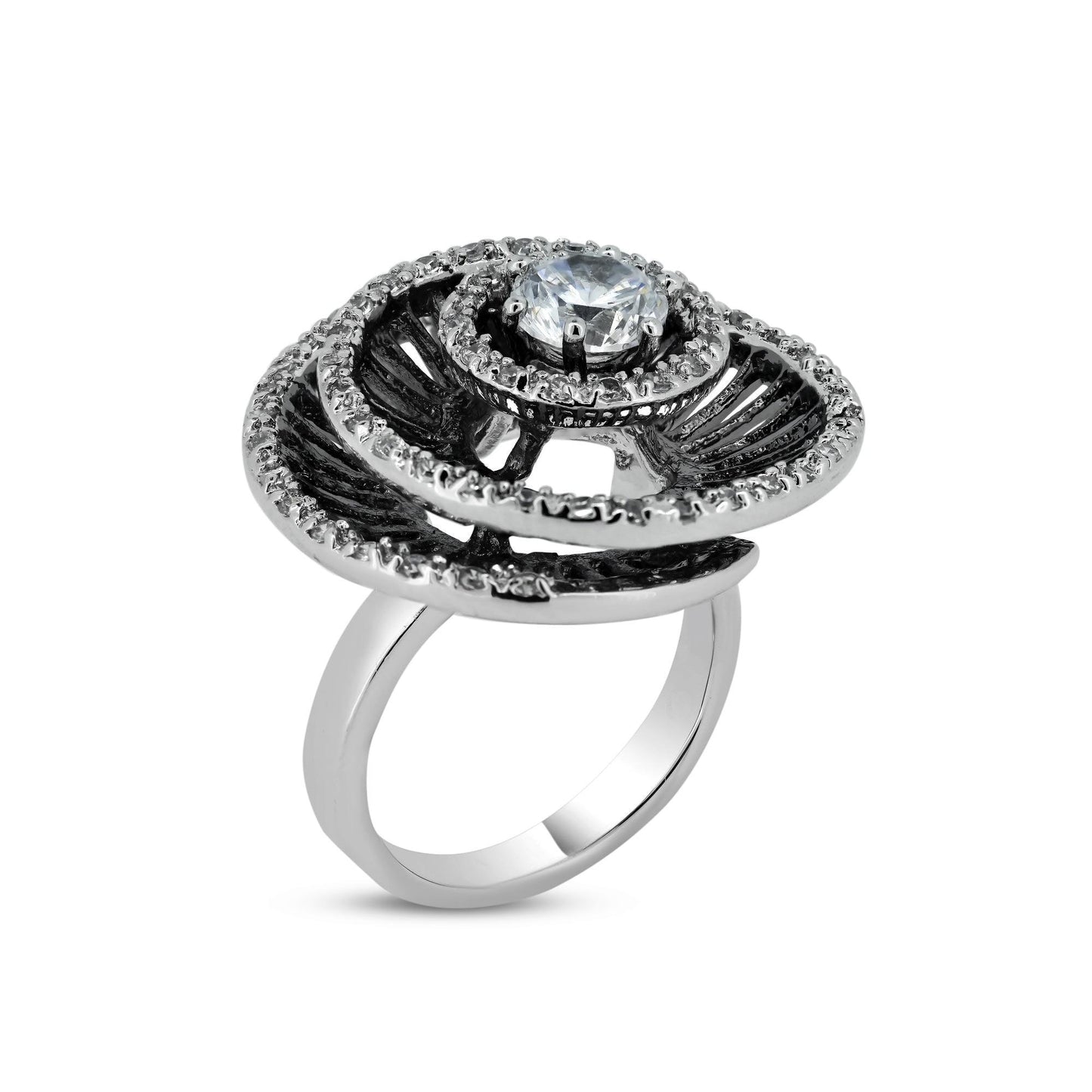 Sterling Silver 925 Black Rhodium Plated Round Clear CZ Spiral Ring Sizes 5-9