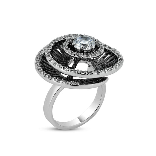 Sterling Silver 925 Black Rhodium Plated Round Clear CZ Spiral Ring Sizes 5-9
