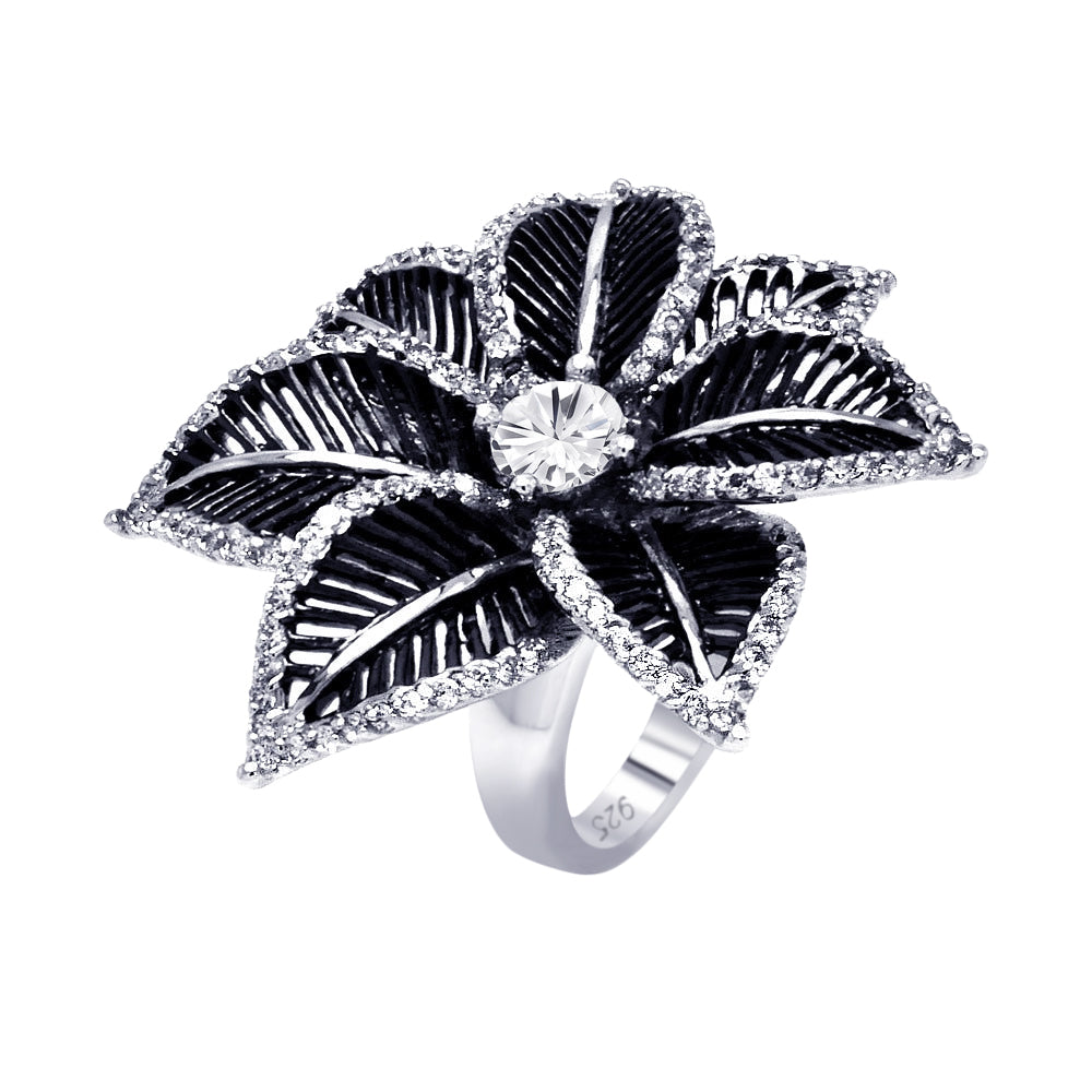 Sterling Silver 925 Black Rhodium Plated Clear CZ Spiny Flower Ring Sizes 5-9