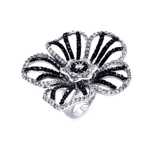 Sterling Silver 925 Black Rhodium Plated Black Clear CZ Flower Ring Sizes 5-9