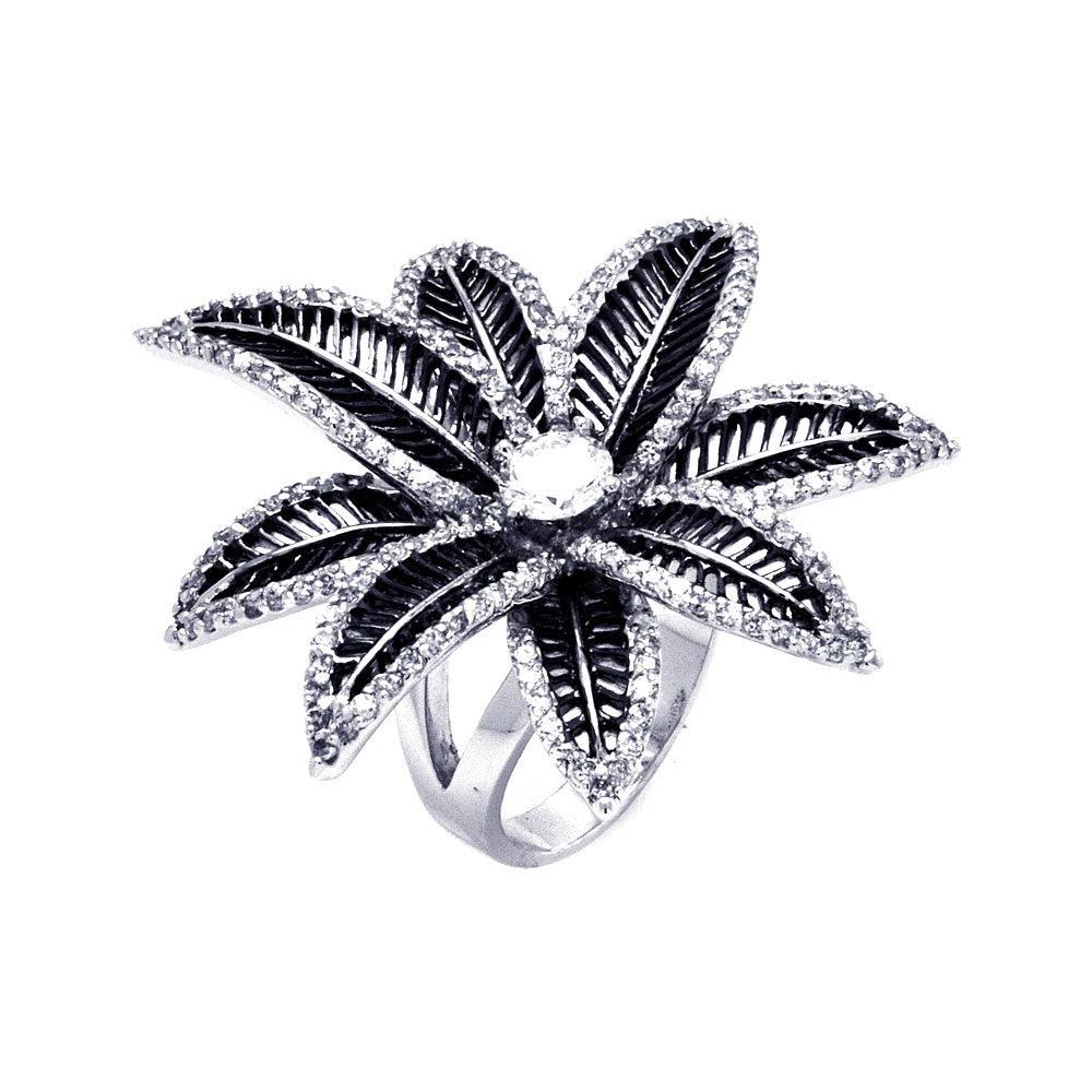 Sterling Silver 925 Black Rhodium Plated Clear CZ Spiny Flower Ring Sizes 5-9