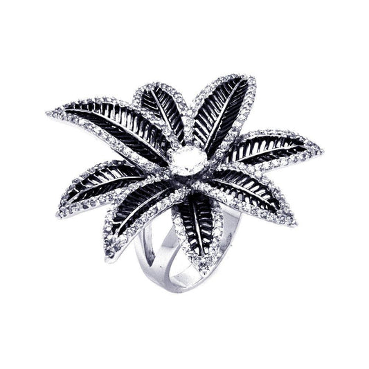 Sterling Silver 925 Black Rhodium Plated Clear CZ Spiny Flower Ring Sizes 5-9