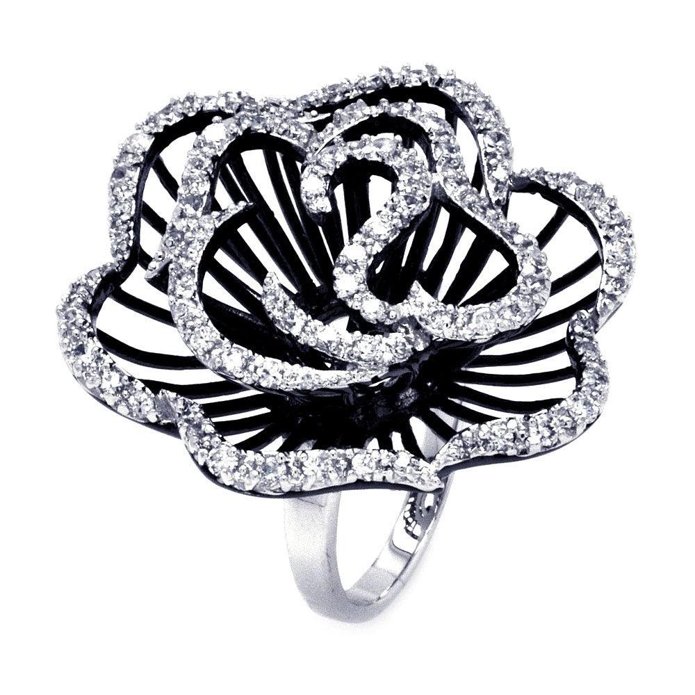 Sterling Silver 925 Black Rhodium Plated Clear CZ Rose Flower Ring Sizes 5-9