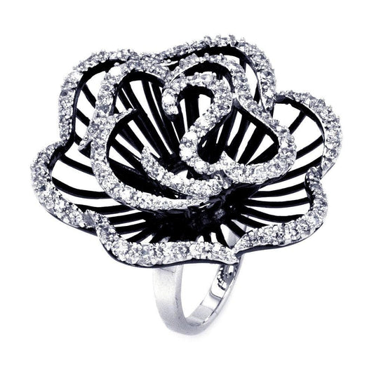 Sterling Silver 925 Black Rhodium Plated Clear CZ Rose Flower Ring Sizes 5-9