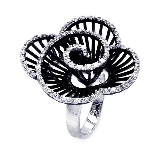 Sterling Silver 925 Black Rhodium Plated Clear CZ Twirly Flower Ring Sizes 5-9