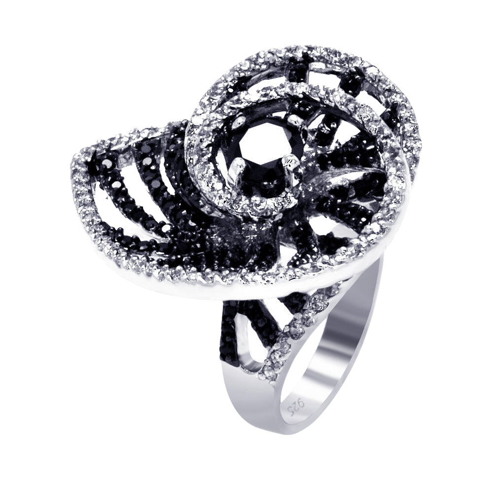 Sterling Silver 925 Black Rhodium Plated Black Clear CZ Shell Ring Sizes 5-9