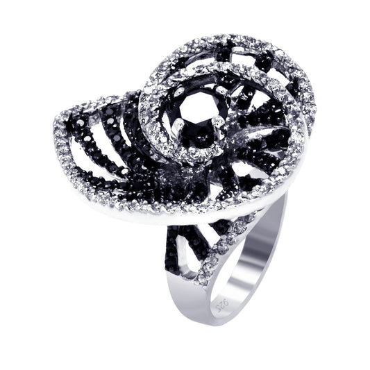 Sterling Silver 925 Black Rhodium Plated Black Clear CZ Shell Ring Sizes 5-9