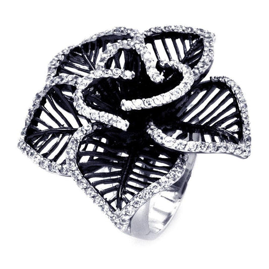 Sterling Silver 925 Black Rhodium Plated Clear CZ Open Flower Ring Sizes 5-9