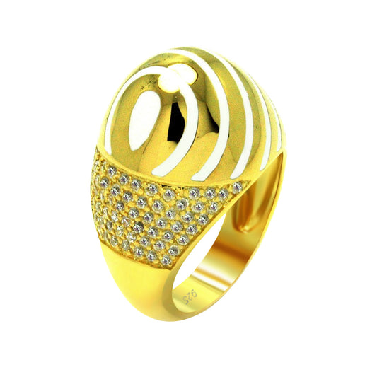 Sterling Silver 925 Gold Plated White Enamel Clear CZ Stripe Egg Ring Sizes 5-9