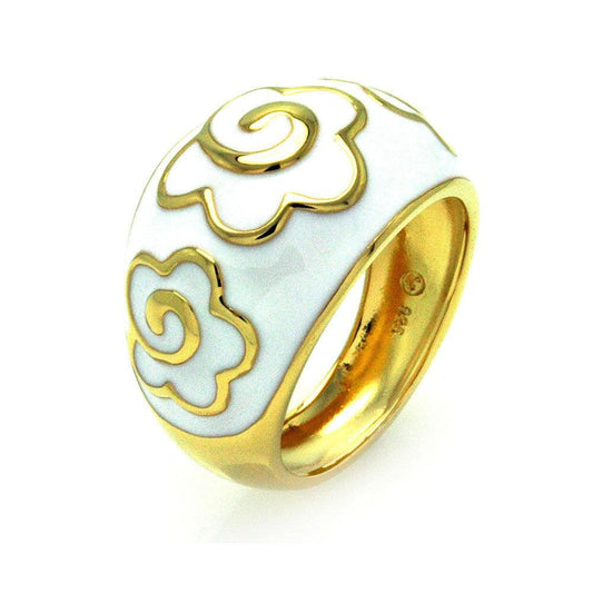 Sterling Silver 925 Gold Plated White Enamel CZ Flower Dome Ring Band Sizes 5-9