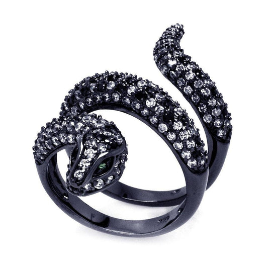 Sterling Silver 925 Black Rhodium Plated Black Clear CZ Snake Ring Sizes 5-9