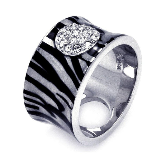 Sterling Silver 925 Rhodium Plated Clear Pave Set CZ Zebra Print Ring Sizes 5-9